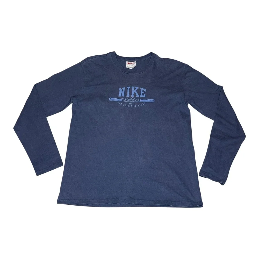 Vintage Nike Athletics‎ Long Sleeve Shirt Navy Blue Made in USA Mens Large L
